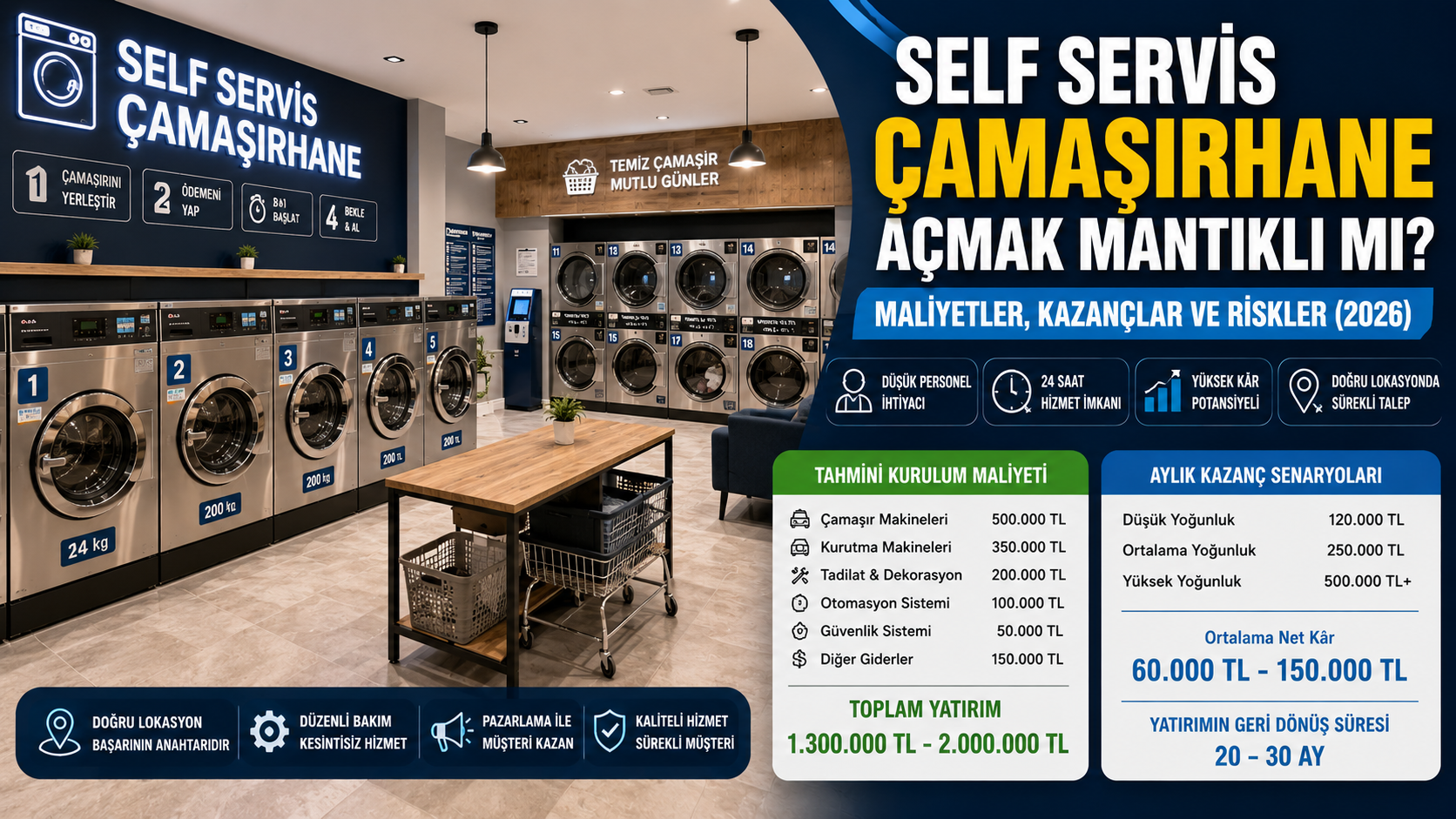 Self servis çamaşırhaneler düşük personel ihtiyacı ve otomasyona uygun yapılarıyla dikkat çekmektedir.