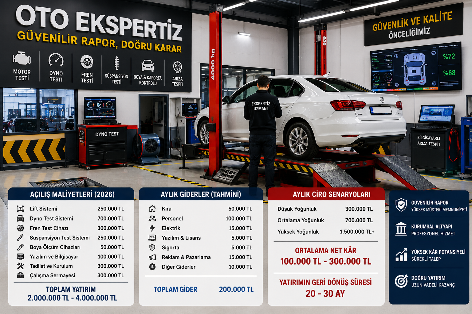 Modern oto ekspertiz merkezinde dyno testi ve araç kontrol ekipmanları