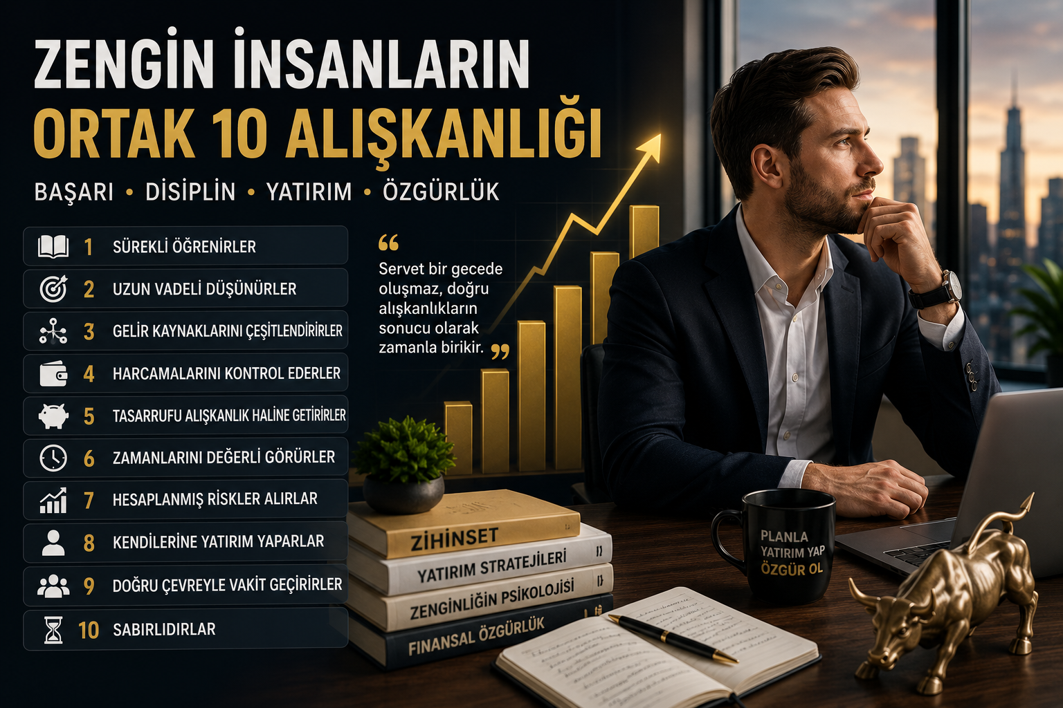 Başarılı ve zengin insanların ortak finansal alışkanlıklarını temsil eden iş insanı ve büyüme grafiği